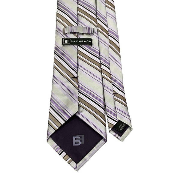BACHRACH Men's‎ 100% Silk Necktie Striped Purple/ Gray/ Brown - Picture 2 of 3